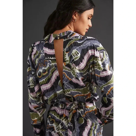 Anthropologie 2pc dress pant and bodysuit blouse set abstract print size 4. - Picture 2 of 15